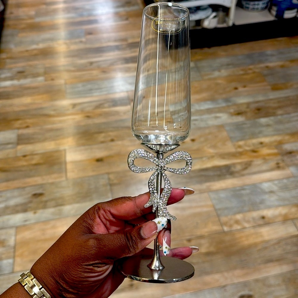 Bling RHINESTONE BOW Champagne Flute Glass SET Viral Tik Tok